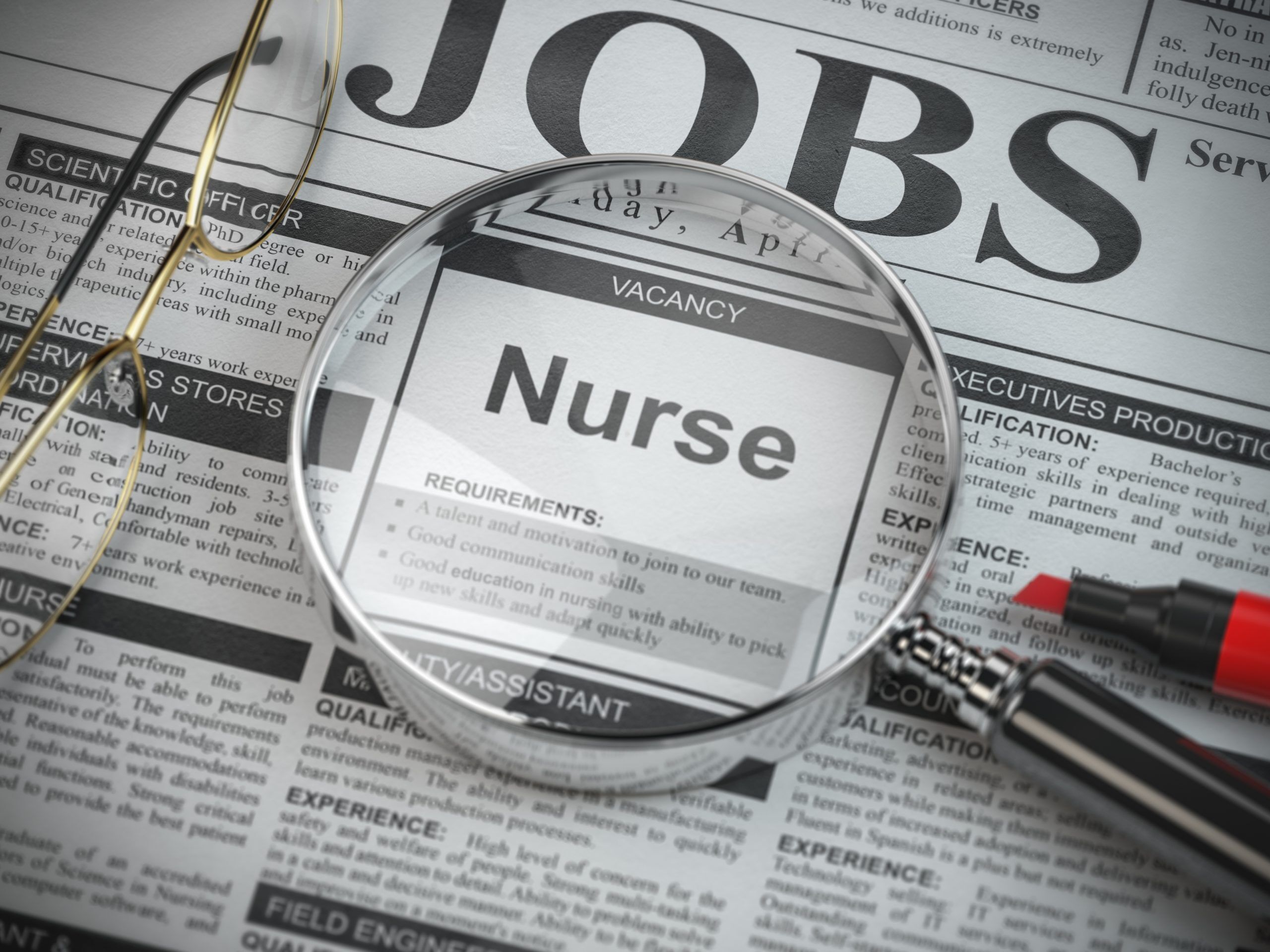 Nurse vacancy in the ad of job search newspaper with loupe. rpa-nurse-recruitment-automation